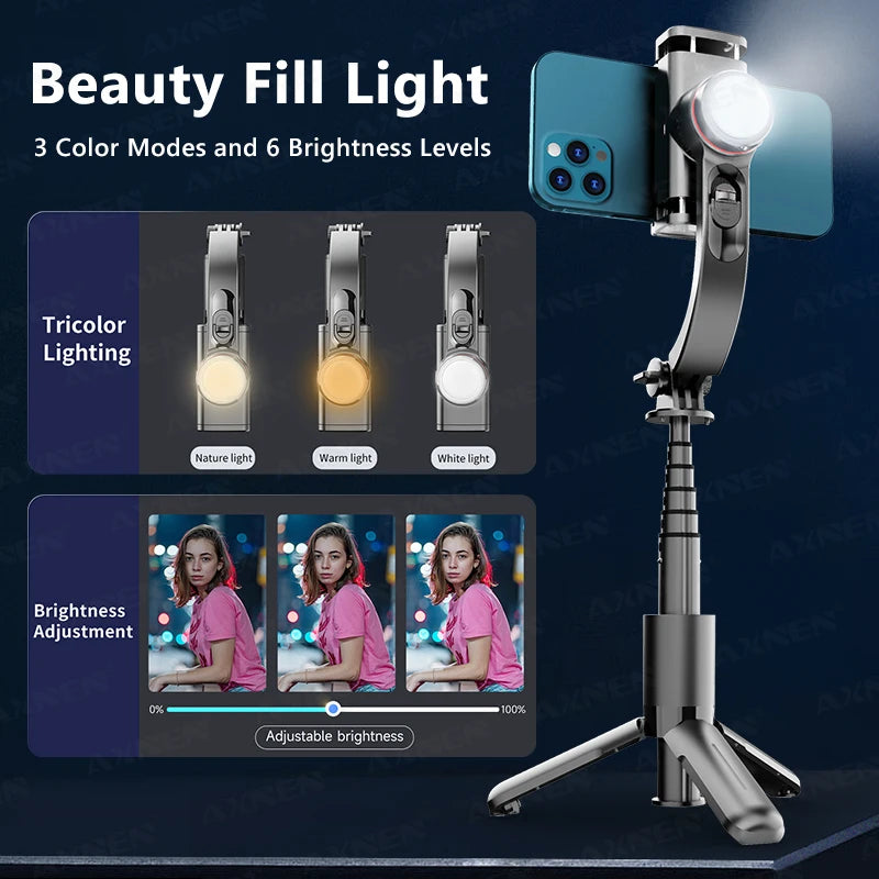 L18S Handheld Gimbal Stabilizer for Android iPhone Smartphone, 360 Rotate Shot Selfie Stick Monopod Tripod with 3 Color Light