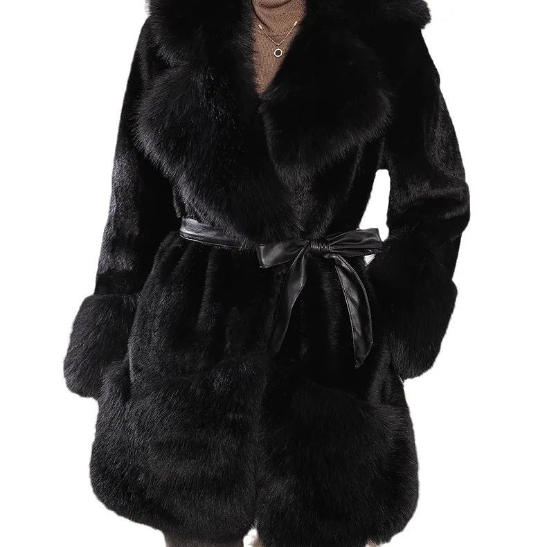 Elegant Simplistic Women's Faux Fur Mink Coat Eco-Friendly Long Sleeve Mid-Length Fashionable Winter Outerwear Coat