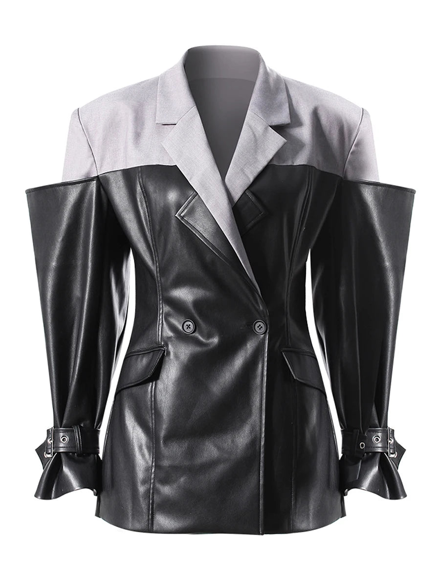 TWOTWINSTYLE Hit Color Slimming Fashion Jackets for Women Lapel Long Sleeves Tunic Patchwork Leather Streetwear Jacket Female - Kimlud