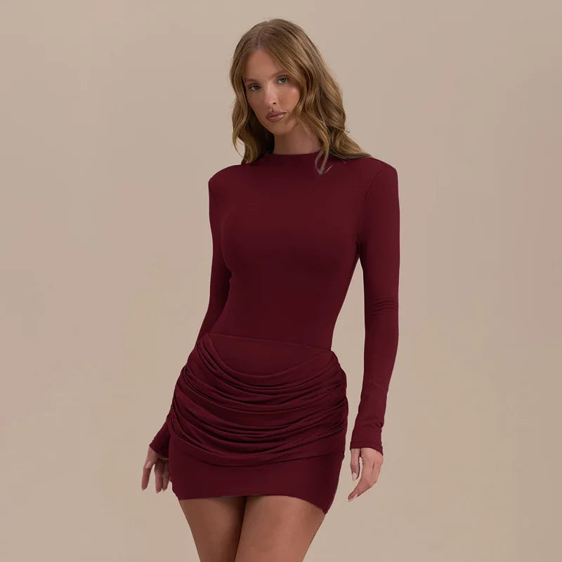 Solid Color Gathered Hip Cover Long Sleeve Dress Women's Spring Summer New Casual Round Neck Dresses For Women Ropa...