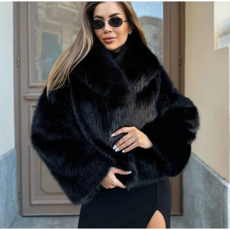 Luxury Thick Faux Fur Coat for Women Warm Soft Lapel Long Sleeve Eco-Friendly Outerwear for Autumn Winter Lady's Fur Coat