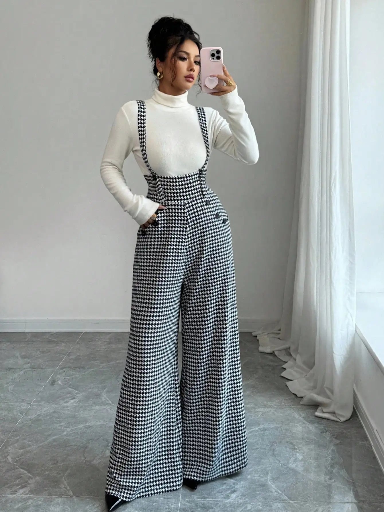 Overalls for Women's Winter Jumpsuit Black White Vintage Wide Leg Suspender Pants for Office Commute Casual Female...