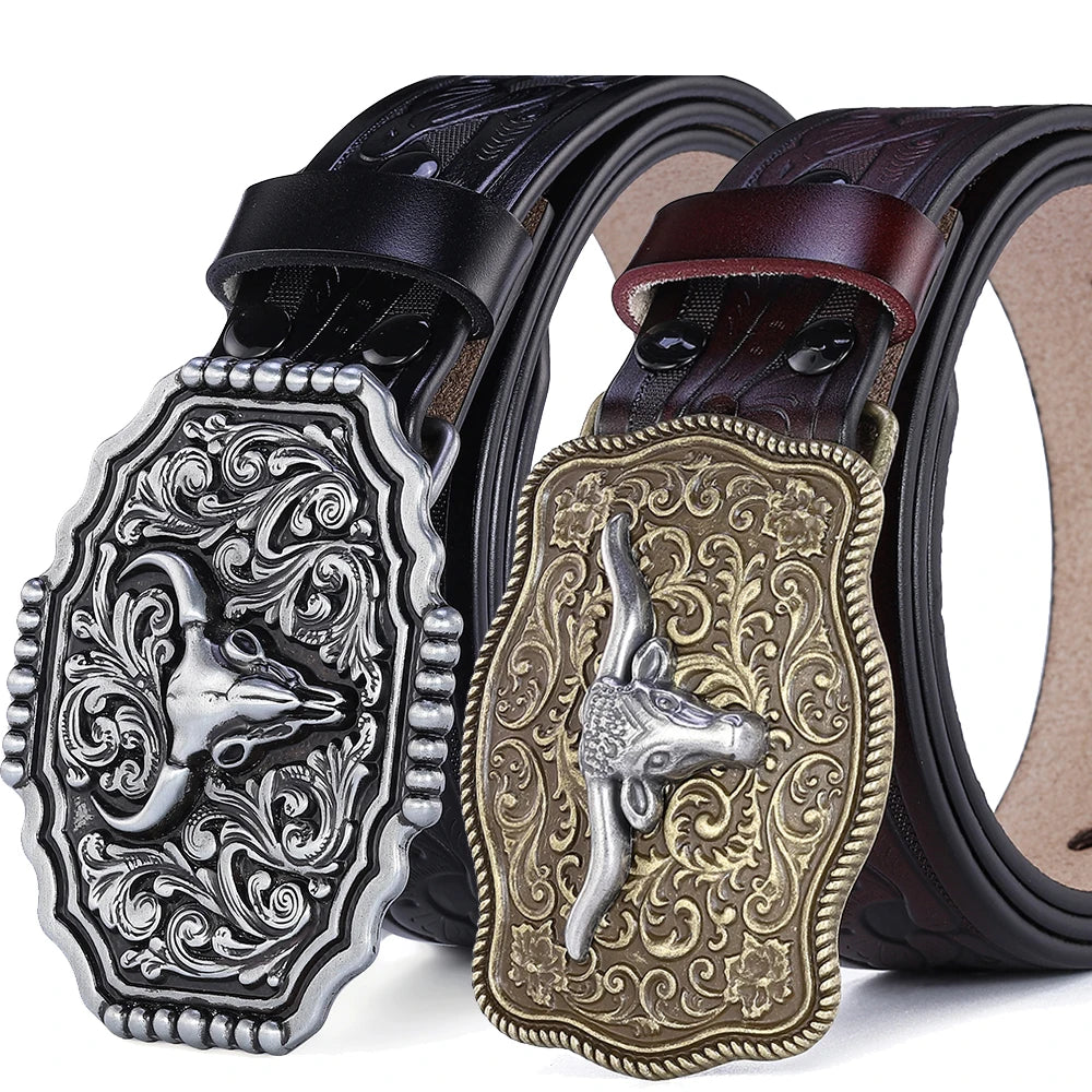 Western Belt Men Genuine Leather Belts for Men Women Cowboy Cowgirl Big Letters Buckle Gold Male Belts Long Black Brown Quality