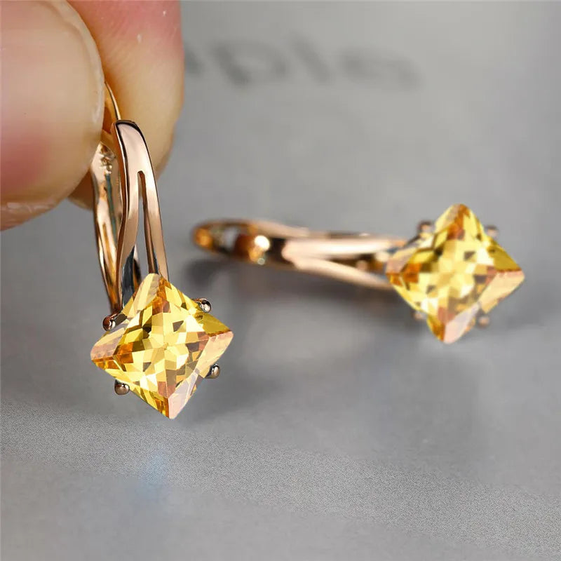 Cute Female Champagne Square Jewelry Luxury Crystal Zircon Stone Hoop Earring Rose Gold Color Wedding Earrings For Women