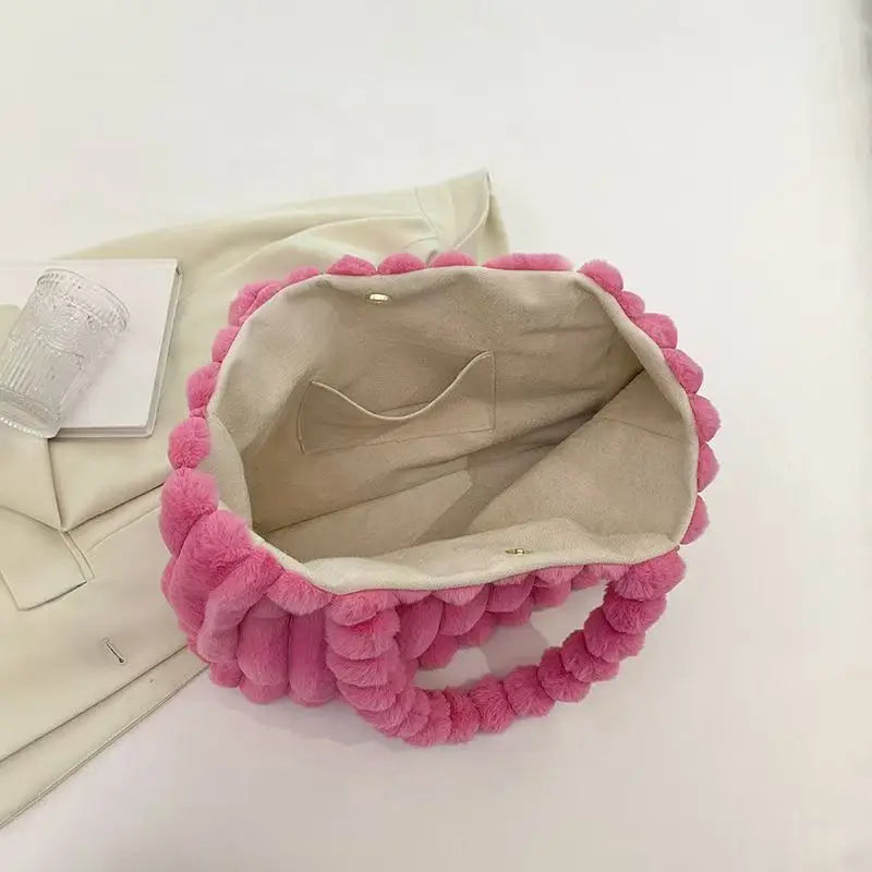 Autumn Winter Soft Plush Totes Bags, Stylish College Student Women Handbag Shoulder Bag with Leather Material Polyester Lining