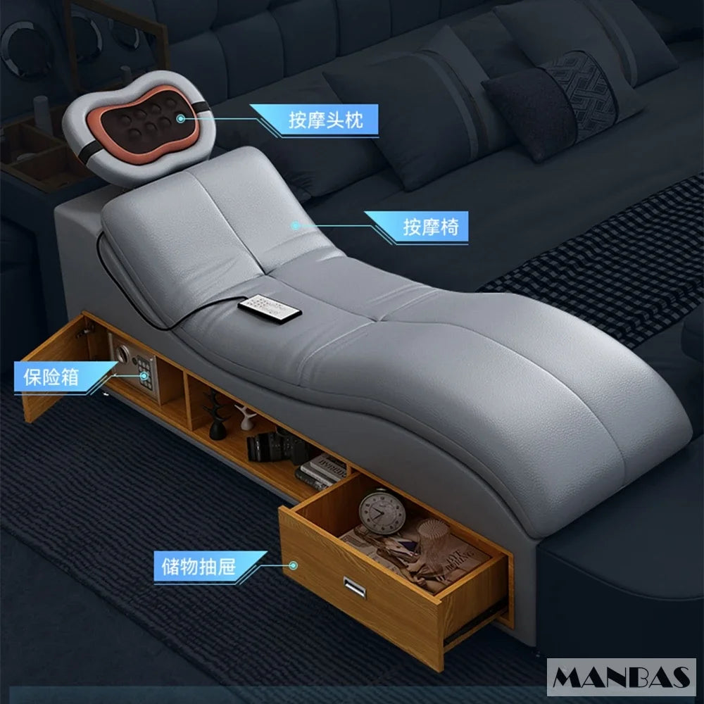 MINGDIBAO Luxury King Size Genuine Leather Bed / Tech Smart Bed / Multifunctional Ultimate Beds / Massage Bed with USB,Projecter