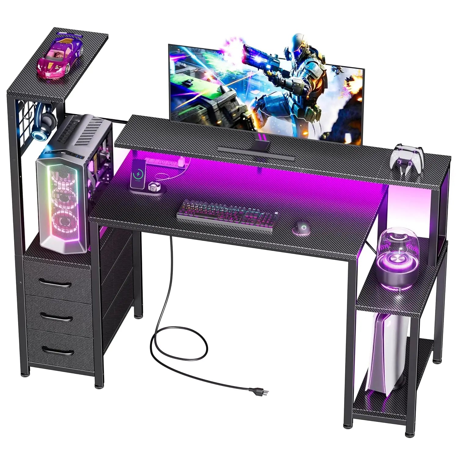 48 Inch Gaming Desk with LED Lights & Power Outlets,Computer Desk with Fabric Drawers & Side Hook,Reversible Gamer,...