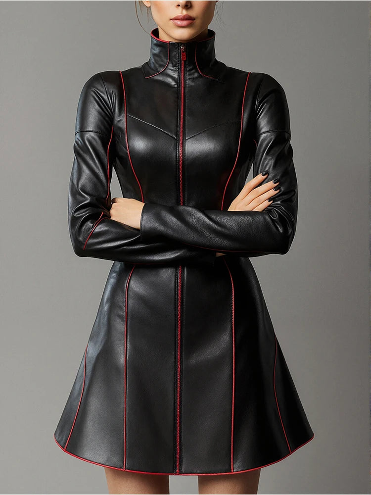 Women Pleated A-Line PU Leather Dress Long Sleeve Grunge Vintage Casual High Street Turtleneck Long Sleeve Mini Dresses 2025