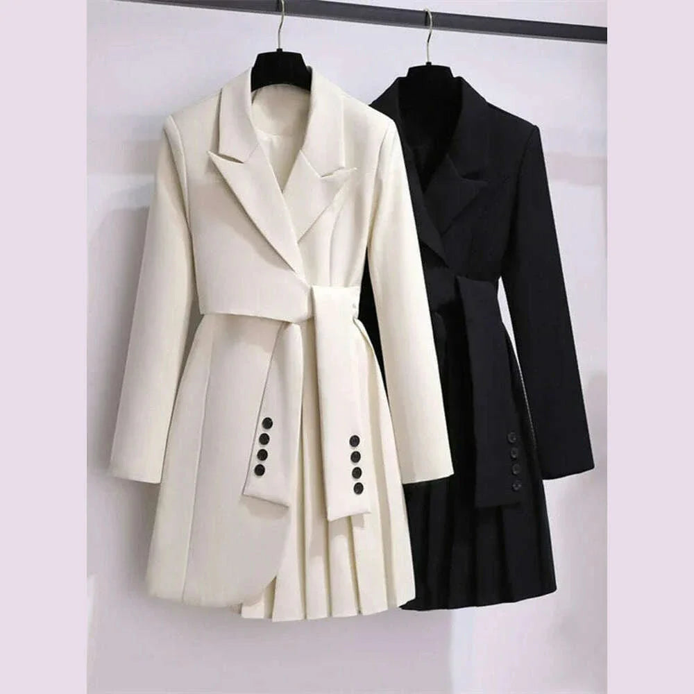 2022 Autumn Office Sashes Bandage Waist Tie Blazer Dress Women Long Sleeve Notched Collar Pleated Irregular Mini Vestidos