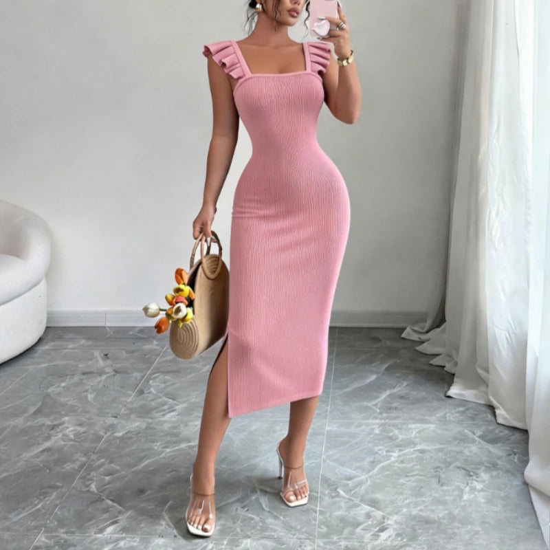 Women's Square Neck Ruffle Strap Sleeveless Side Slit Stretchy Ribbed Knit Bodycon Maxi Dress Party Wedding Long Dress Outfits