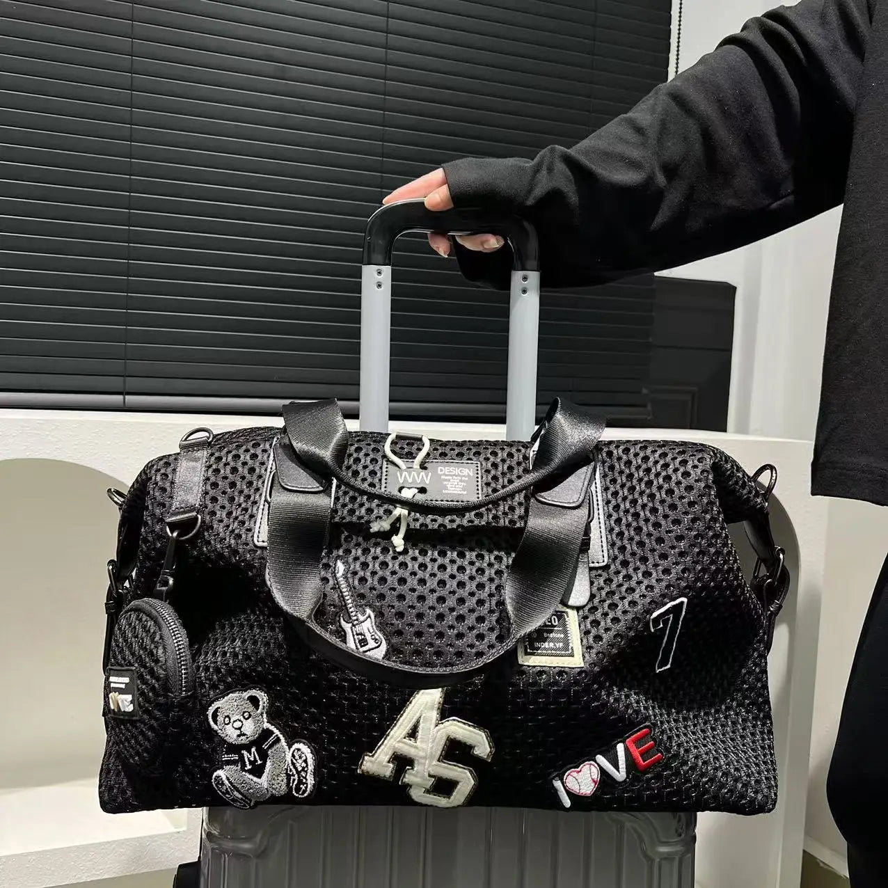 Fashionable women's mesh nylon adhesive tote bag, large capacity splicing shoulder bag, short distance travel casual handbag - Kimlud