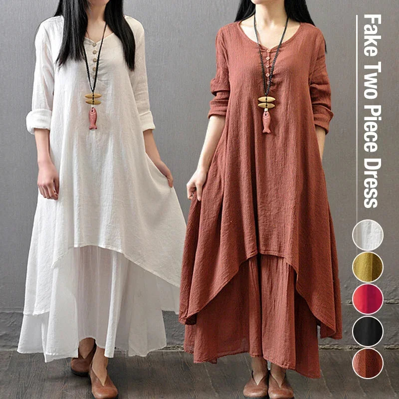 Women's Dress Long Dress Fashion Fake Two Pieces Loose Long Sleeve Art Big Swing Cotton Hemp Bohemian Cotton Vintage Women Dress - Kimlud