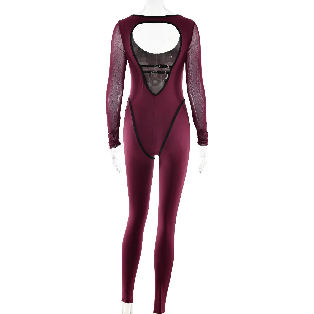 Long Sleeve Backless Sexy Jumpsuit Women Ladies Overalls Elegant Square Collar Striped Skinny Sporty Fitness Jumpsuits Clubwear - Kimlud