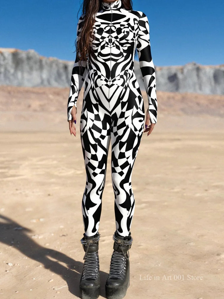 Black and White Pattern Zentai Suit Halloween Cosplay Morphsuit Women Rave Bodysuits Jumpsuits Tights Carnival Party Masquerade