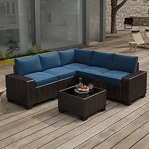 6 Pieces Patio Furniture Set, Outdoor Sectional Set of 6 w/Wide Armrest, Waterproof Wicker Conversation Set for...