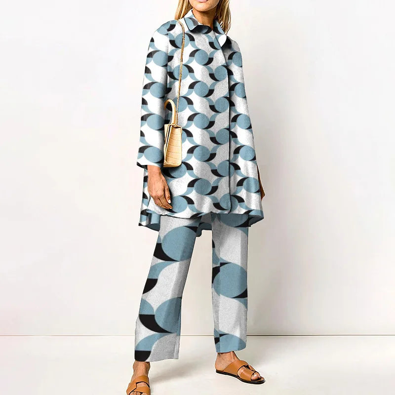 Autumn New Vintage Printed Pant Sets Women Long Shirts And Wide Legs Trousers Two Piece Set Fashion Trendy Streetwear Lady Suits