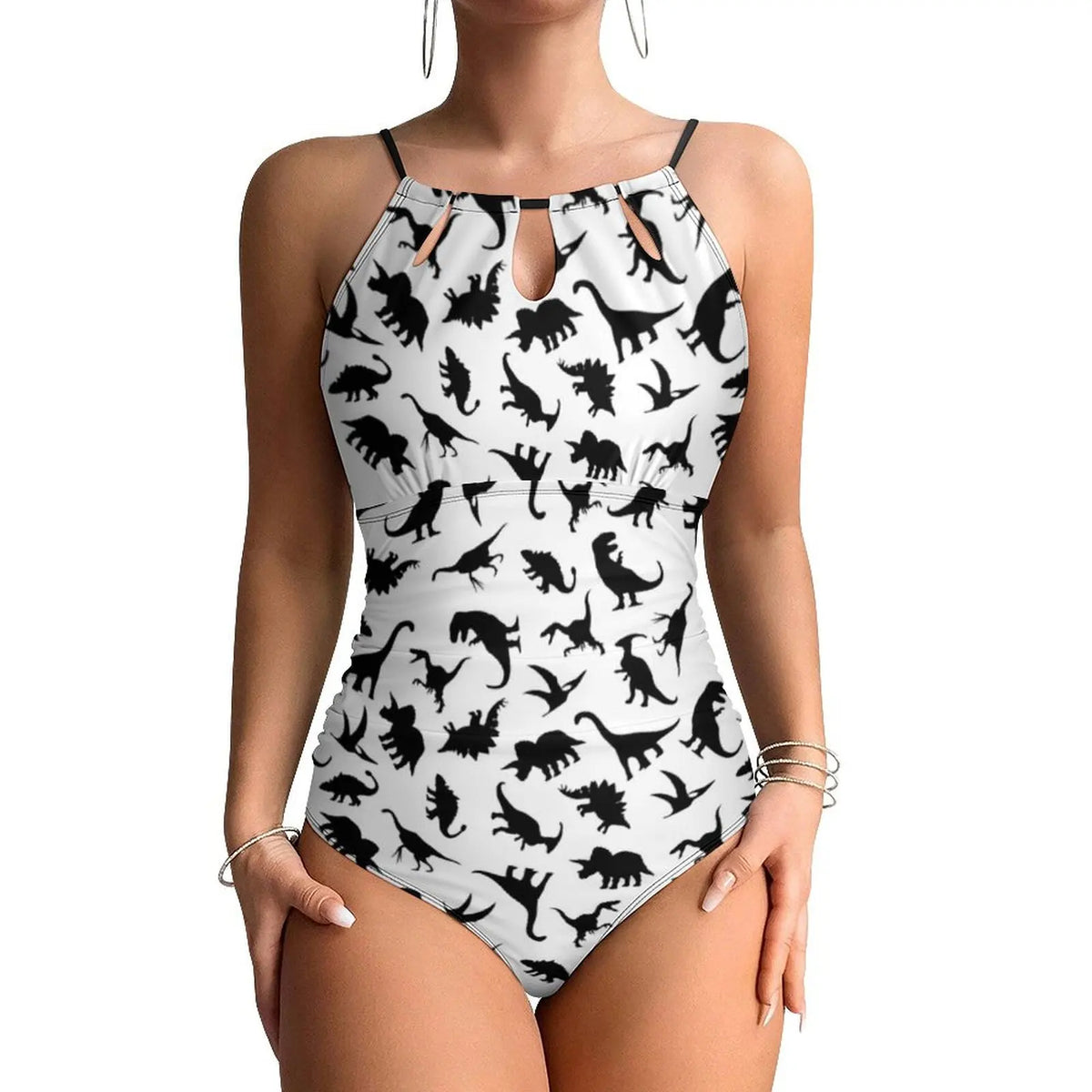 Botanical With Dinosaurs Swimsuit Dinosaur Quirky Soft Pastels Floral Swimwear Holiday Swimsuits Halter Bathing Suit |...