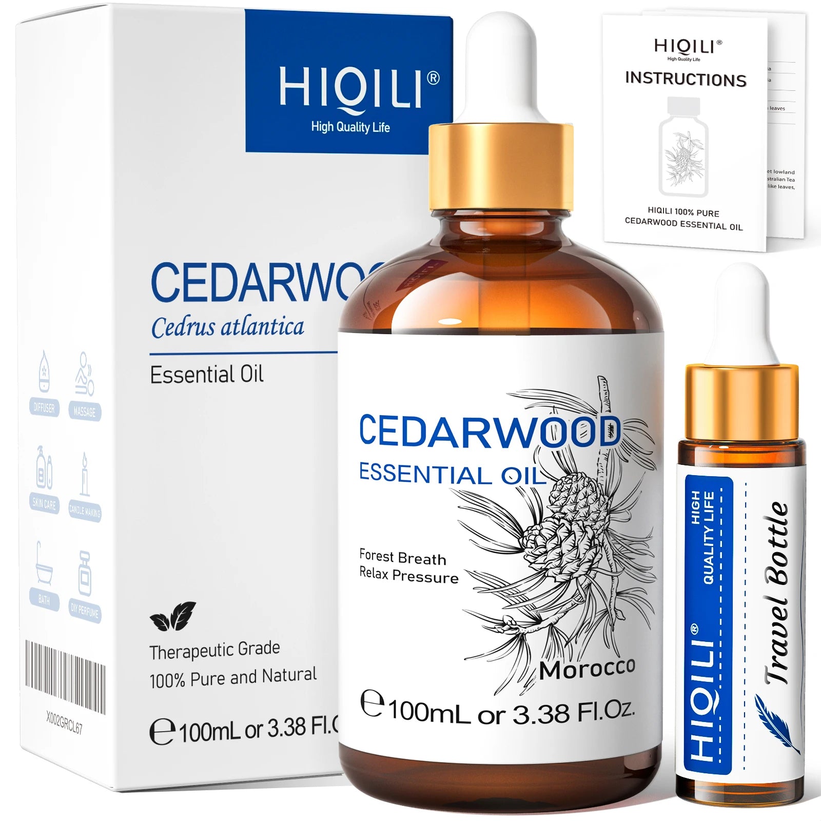 HIQILI 100ML Pure Sandalwood Essential Oil Lavender Jasmine Eucalyptus Peppermint Ylang Ylang Frankincense (Choose Scent)