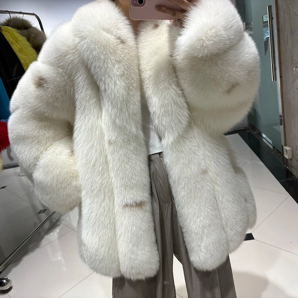 YOLOAgain Women's Luxury White Fox Fur Coat 2024 Winter Warm Real Fox Fur Jacket