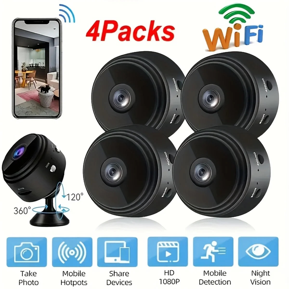 1/4pcs Mini Wireless Camera WiFi Hidden Camera Motion Detection, And Home Security for Indoor Outdoor Pet Monitoring USB Powered