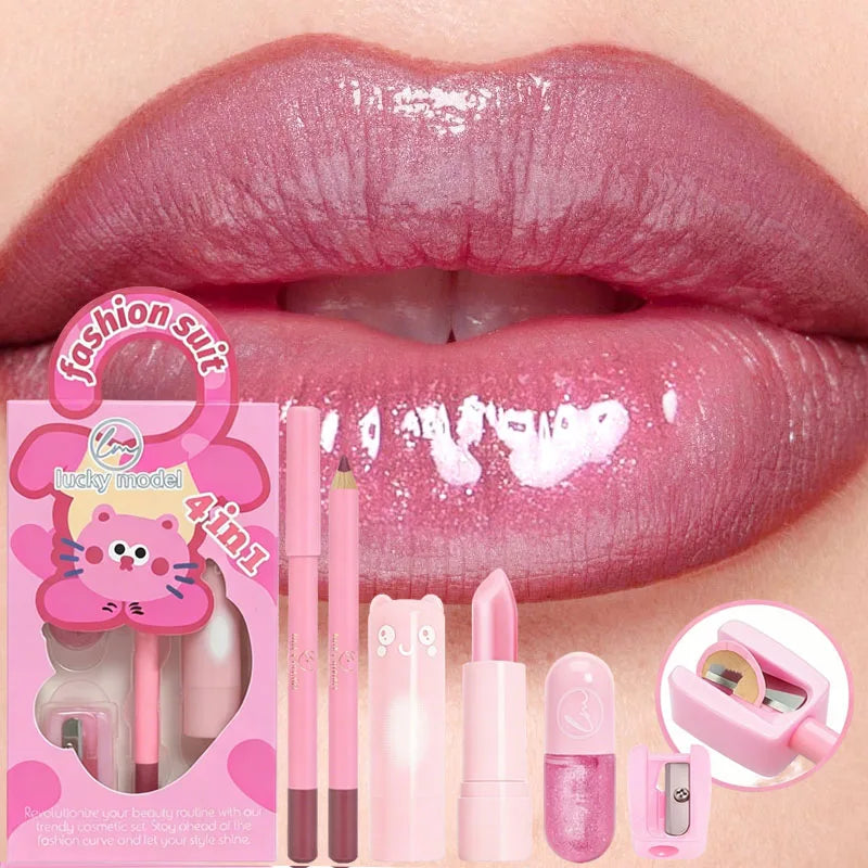 4 pcs Set Of Rich Lip Color Lipliner Lipstick Set Mirror Water Natural Long-Acting Lip Color Pearl Lip Glaze Christmas...