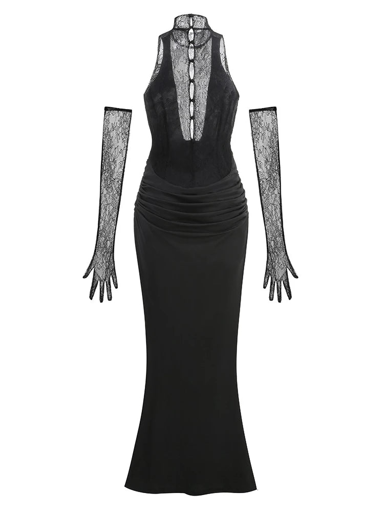 Sexy Sleeveless High Neck Lace Patchwork Long Dress with Gloves Women Black Hollow Out Buttons Evening Club Party Maxi...