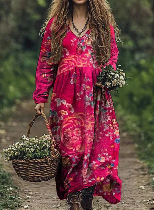 Boho Vintage Print Long Dresses For Women 2025 Casual V Neck Full Sleeve Splice High Waist Loose Dress Autumn Fashion Vestidos - Kimlud