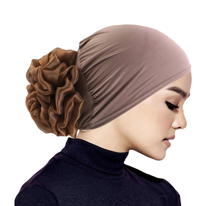 Women's Hijabs Turban Big Flower Elastic Cloth Hair Bands Hat Beanie Ladies Muslim Solid Hair Loss Scarf Cap Hair Accessories