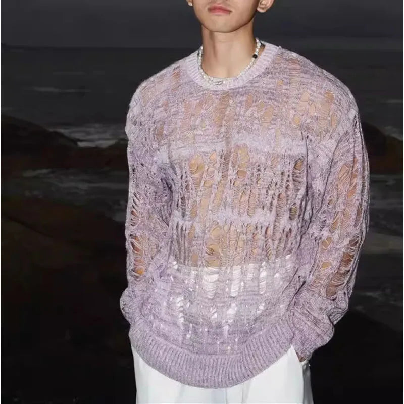 Sexy Hollow Qut Mesh Knit T Shirts Men See Through Ripped CrewNeek Pullover Tops For Mens 2025 Spring Fashion Knitting T-shirt - Kimlud