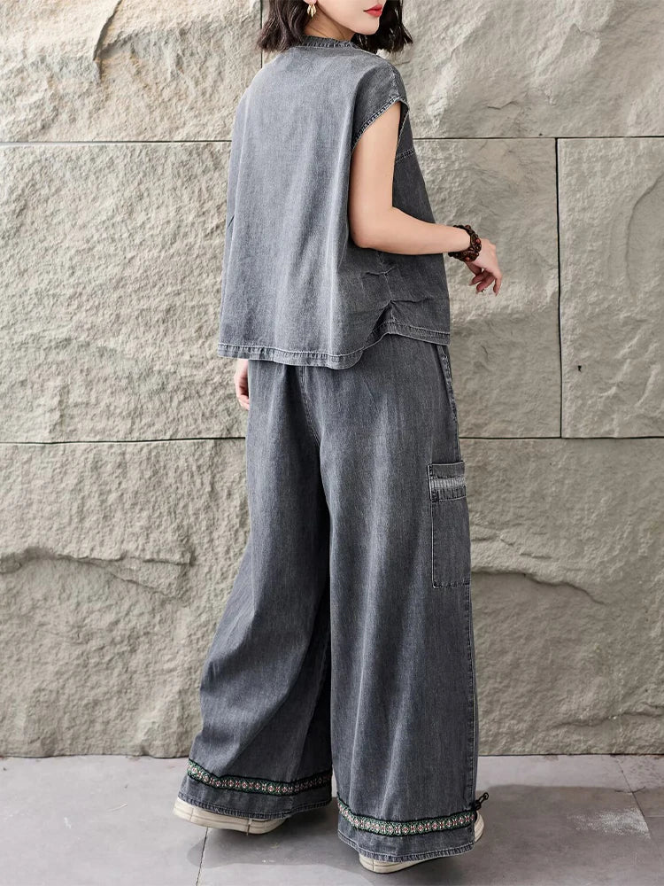 Amax LuluE Korean Summer Women Vintage 2 Pieces Sets Denim Suits Soild O Neck T-Shirts Fashion Jeans Causal Pants Loose Outfits - Kimlud