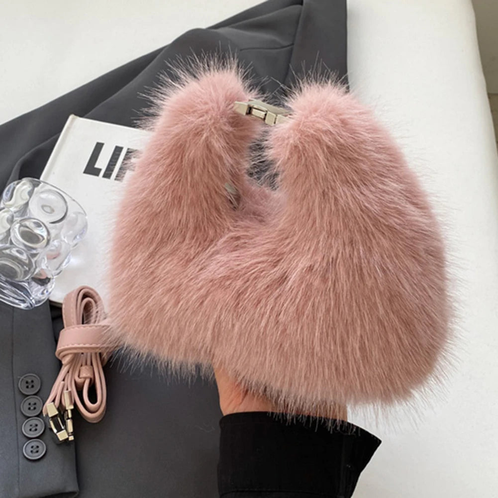 Women Faux Fur Shoulder Bag Adjustable Strap Fluffy Crossbody Bag Solid Color Handbag Hobo Bag for Travel Party