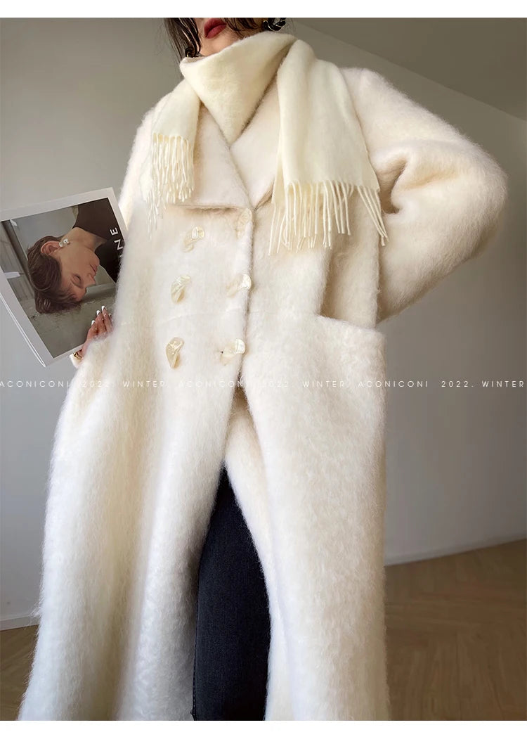 Lautaro Winter Long Vintage White Thick Warm Fluffy Wool Blends Coat Women Double Breasted Elegant Luxury Designer...