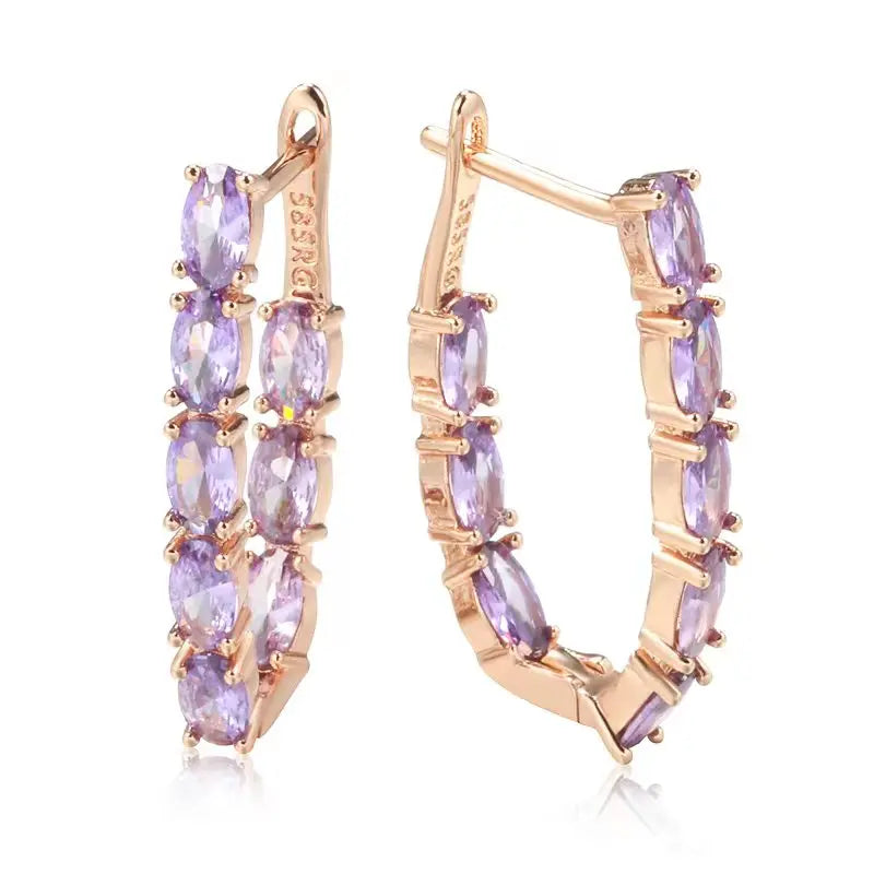 Luxury Full Claw Oval Purple Zircon Metal Earrings 585 Gold Color Ear Drop Statement Jewelry Women Party Wedding Accessories