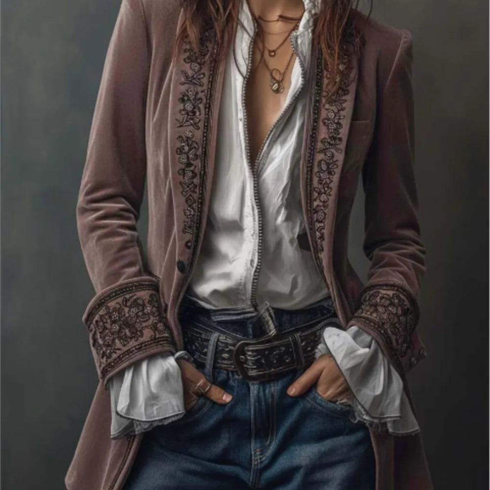 Retro Women's Jacket Loose Casual Temperament Fashion Printed Palace Style Jacket Long Sleeves Spliced gold Velvet Outerwears