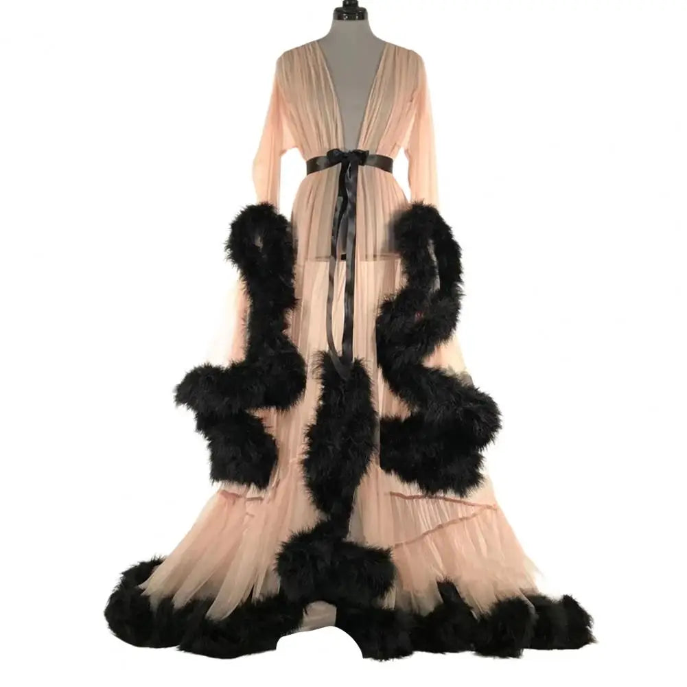 Wedding Night Mesh Dress Fluffy Trim A-line Mesh Dress Translucent Lace-up Bow Waist Seductive Bathrobe Cocktail Party Dresses