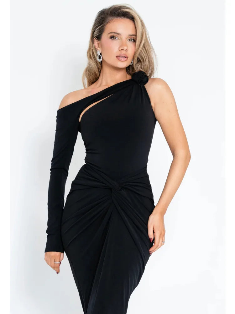 Kimlud Dresses - Articat Elegant Single Sleeve Irregular Hollow Out Bodycon Party Club Evening Dress Women Sexy Fold Spring/S
