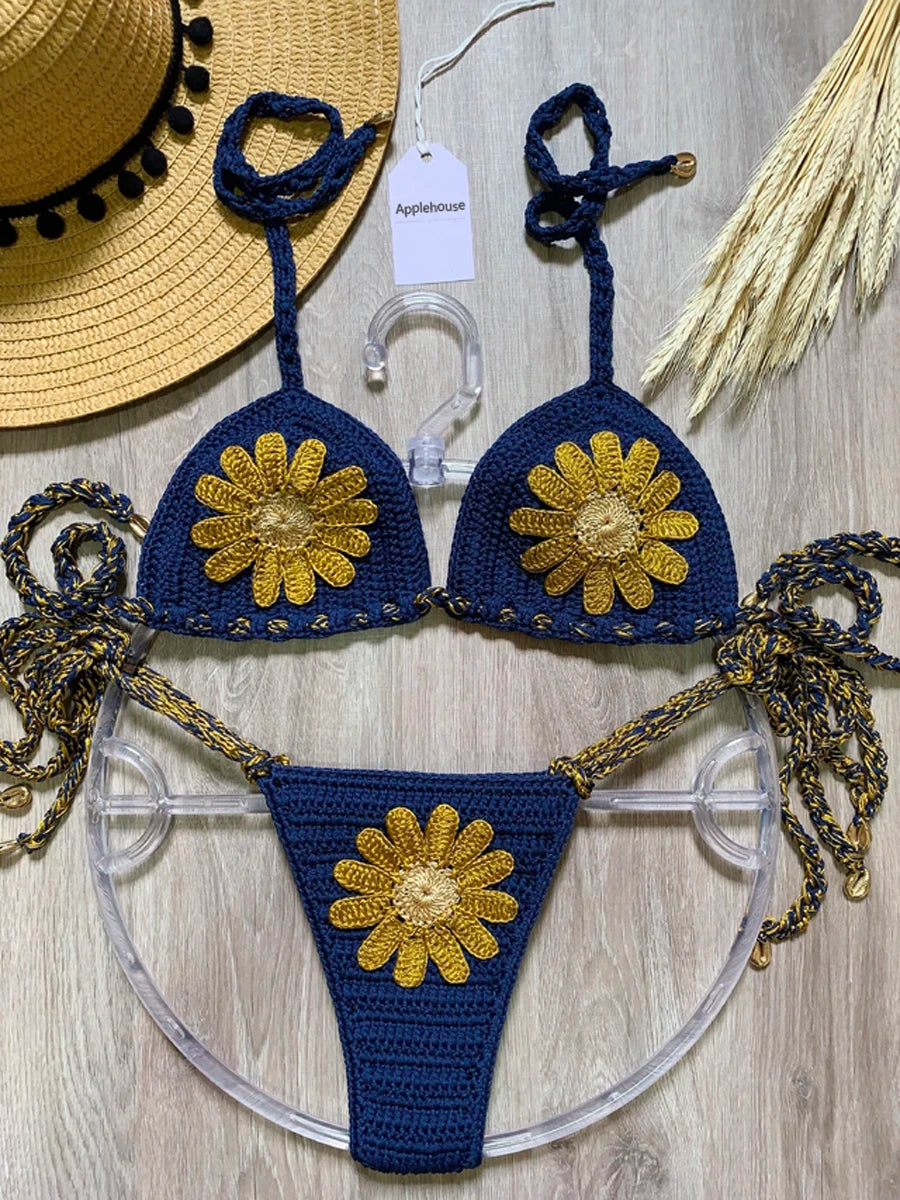 Crochet Bikinis Set Mujer Tankini Swimwear Women Biquinis Feminino Sexy Swimsuit Biquini Flor Brazilian Adjustable Thong Bikini - Kimlud
