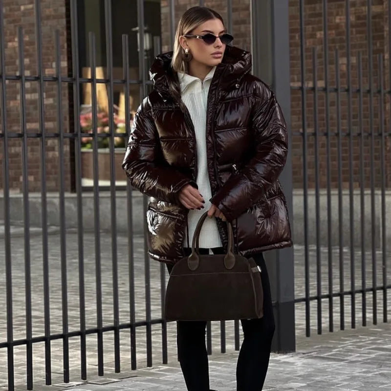 Casual Shiny Hooded Cotton Jackets Women Stand Collar Zipper Drawstring Waist Solid Coat 2025 Winter Lady Chic Warm Outwears New