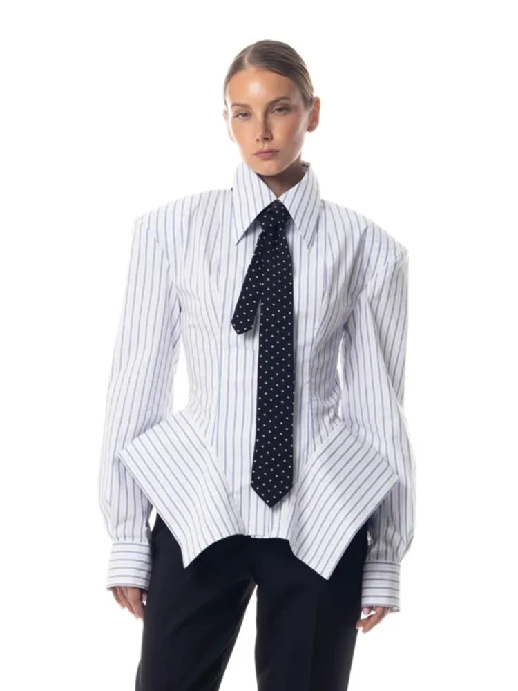 DFDG Women's Spring Summer Lapel Striped Fitted Asymmetrical Hem Shirt Casual Office Date 2026 Trendy Feminine Fashion Shirt - Kimlud