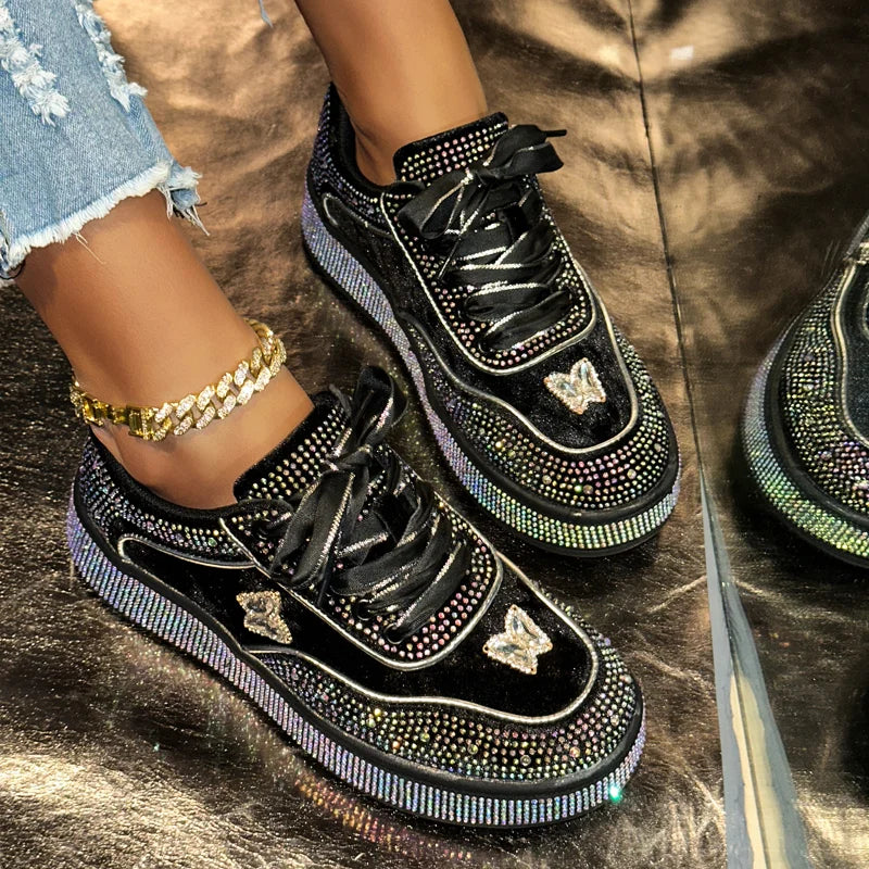 Luxury Suede Flat Sneakers Outdoor Platform Female Casual Shoes Women Fashion Designer Rhinestone Ladies Shoes Zapatos De Mujer