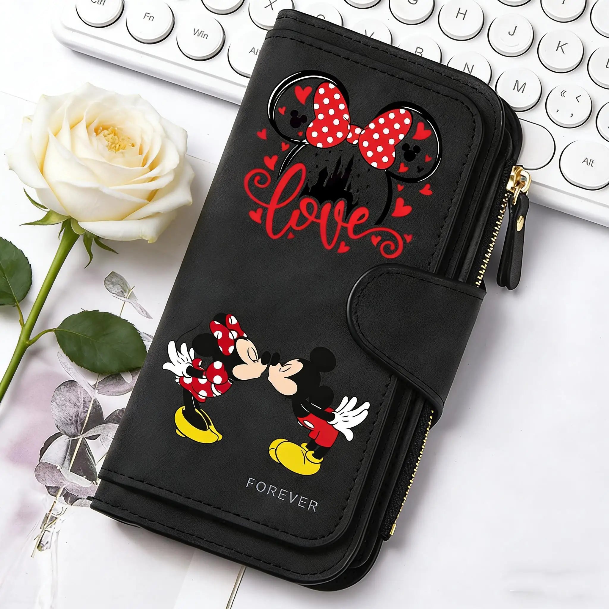 Mickey Minnie Lady Long Zip Wallet Buckle Tote Bag Coin Purse Soft PU Leather Multi-functional Card Holder Casual Daily