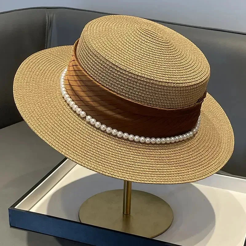2025 Summer Elegant Pearl Chain Flat Sun Hats for Women Chapeau Feminino Straw Hat Panama Wide Brim Anti-UV Beach Cap...