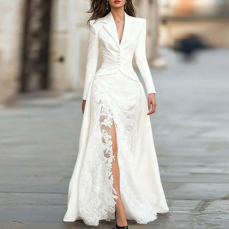 Autumn Women's Lapel Button Top and Skirt Two Piece Set Lace Patchwork Slim Fit Party Suit Elegant Solid Formal Occasion Outfit