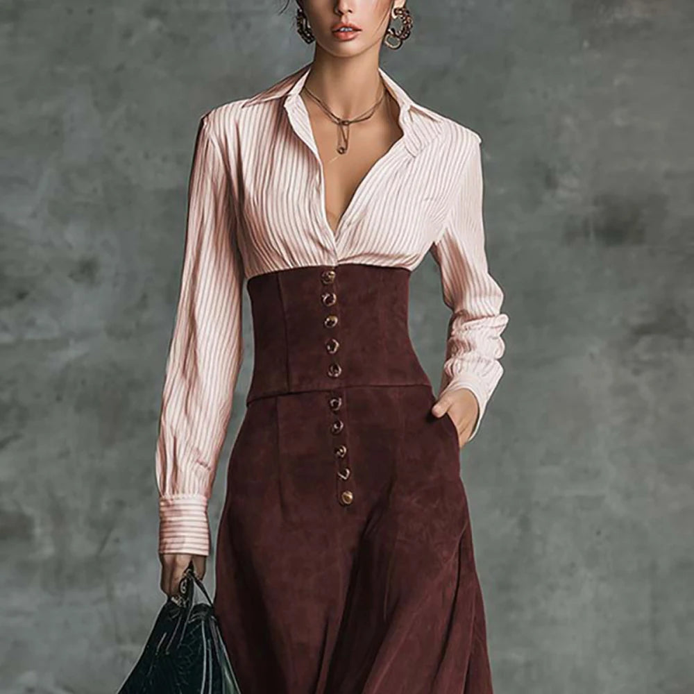 Women Elegant Light Pink Vertical Stripe Shirt Dress Chic High Waist Button Vintage Spring Maxi Dress Female Office Lady Dresses