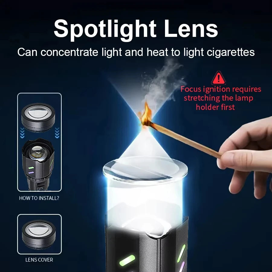 Most Powerful 200000LM Tactical Flashlight Firestarter High Power Led Flashlight Type-C Rechargeable Torch Laser Pointer Outdoor