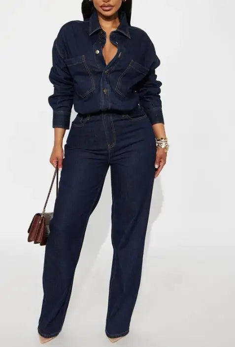 Jumpsuit Women 2026 New Spring Autumn Solid Color Pocket Design Turn-Down Collar Long Sleeved High Waist Casual Denim...