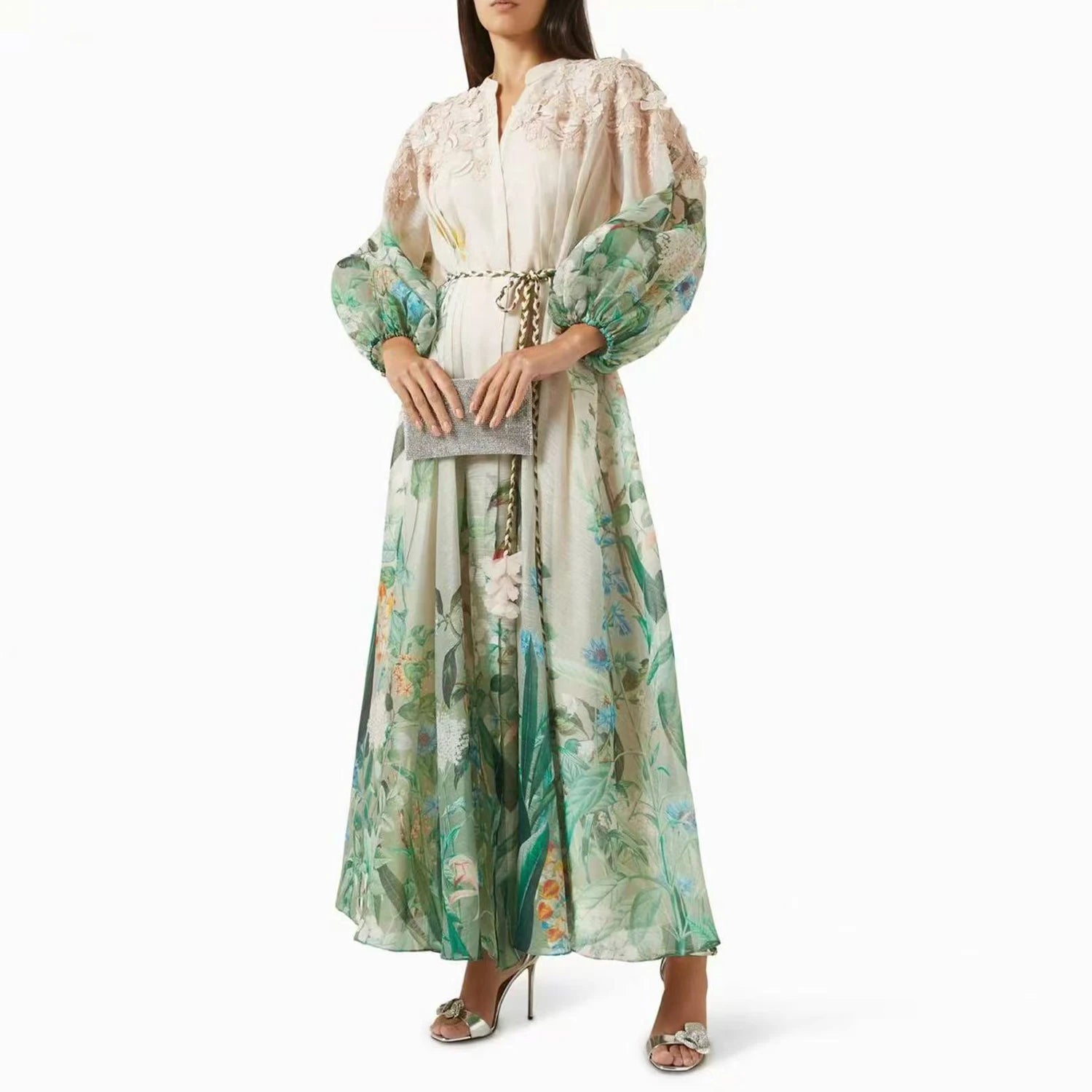 Heavy Embellied Floral Print Maxi Dr Court Sle Lantern Sve Midi Waist Spring Autumn Ladies Holiday Dr
