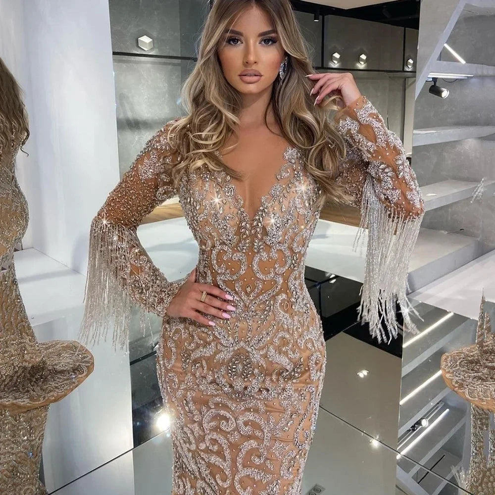2025 New Spring Cross-Border Women's Evening Dress Long Sexy Elegant Fringed Gold-Sprinkled Mermaid Gown For Wedding