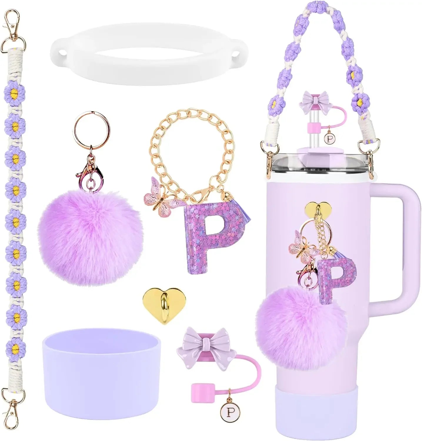 7PCS Accessories Set for Stanley Cup Purple Straw Topper Cup Boot Water Bottle Handle Strap Letter Charms 40oz 30oz Tumbler