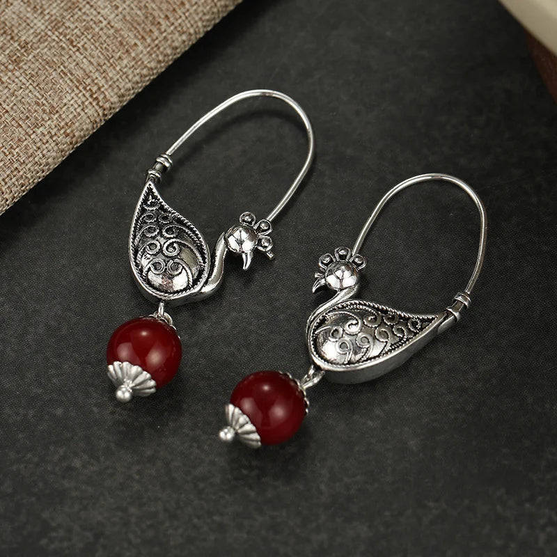 Ladies' Vintage Bird Shape Long Hook Earrings Metal Carved Pattern Design Retro Silver Plated Earrings Personalized Jewelry